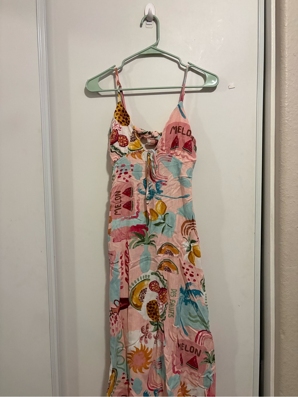 Paper Heart Tropical Fruit Print Linen Blend Maxi Dress M Pink Peach Boho - Picture 3 of 8